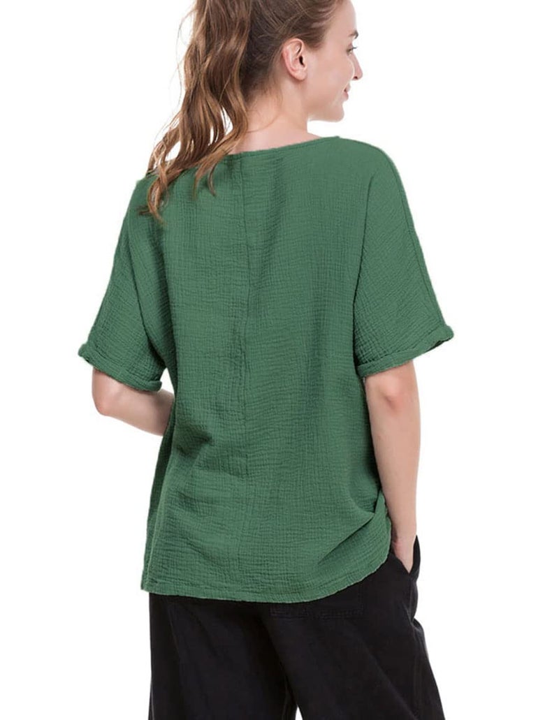 Soojun Women's Cotton Linen Round Collar Boxy Top Patchwork Blouses Green, Large - Image 2